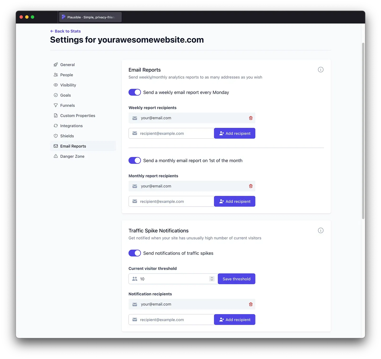 Plausible email reports